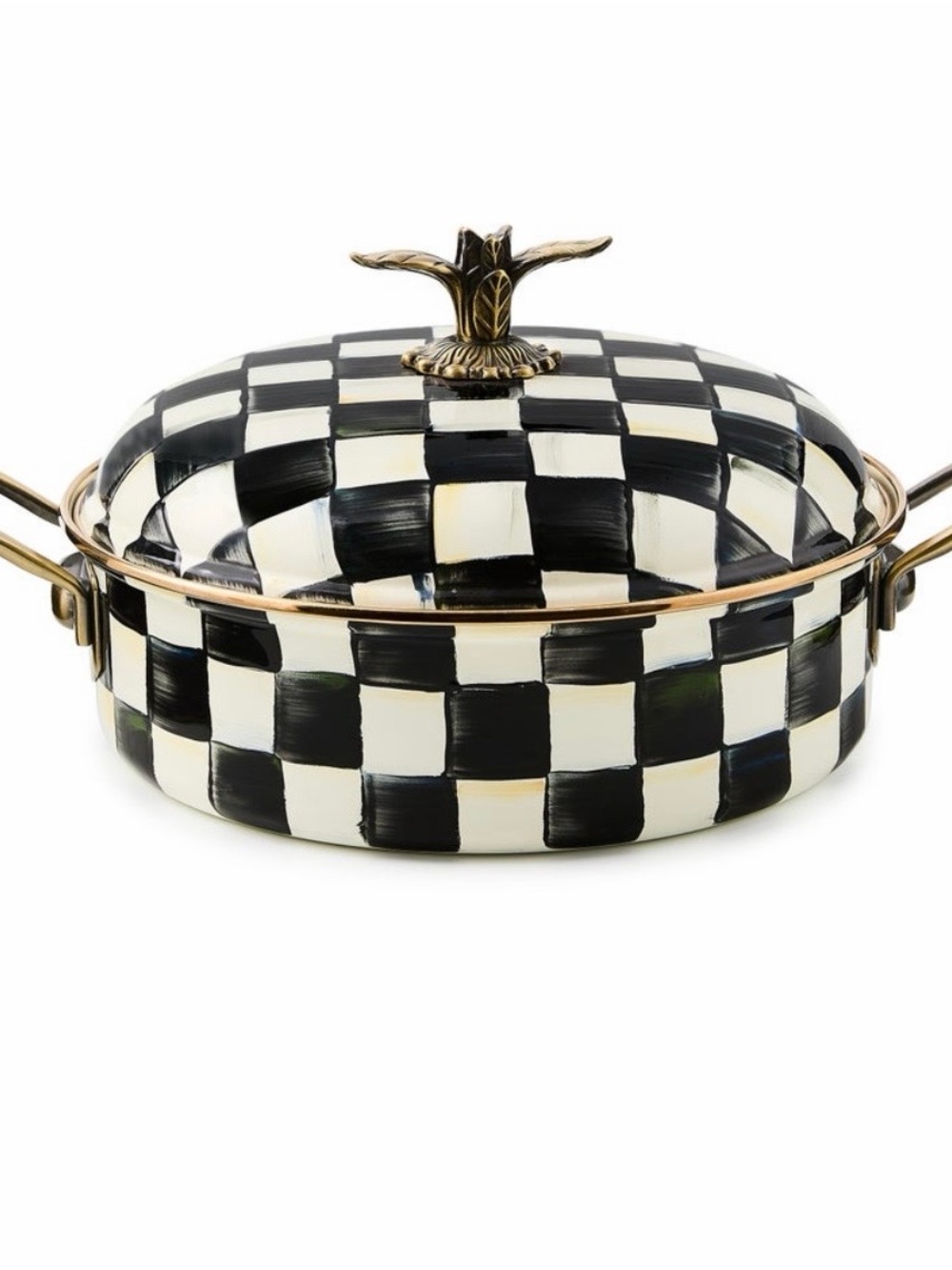 MacKenzie-Childs Black and White Check Covered Casserole with Brass Accents